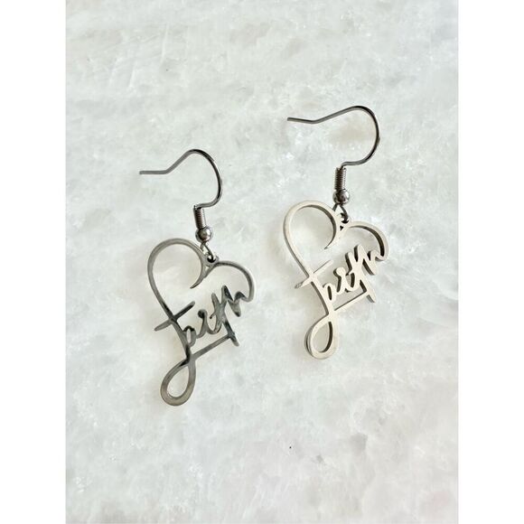 Faith silver color heart dangle earrings￼ - Picture 2 of 2